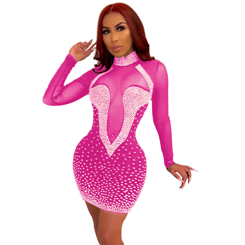 Transfronterizo nuevo deseo AliExpress Amazon mujeres de Europa y América rhinestone caliente de malla sexy vestido de discoteca H3281 image 9