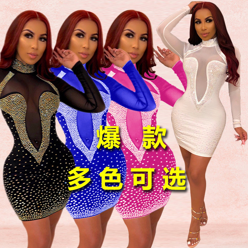 Cross-Border New Product Wish Aliexpress Amazon European and American Clothing Hot Diamond Sexy Mesh Nightclub Dress H3281