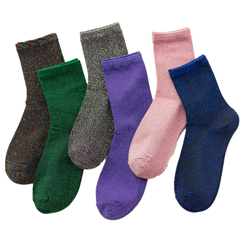 Nuevos calcetines de pila de mujer Mori Otoño e Invierno popular color sólido seda dorada plata color brillante Calcetines de media pantorrilla para mujer ventas directas de fábrica