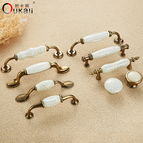 Okali European style ceramic crack handle hardware accessories cabinet furniture drawer antique green hardware handle