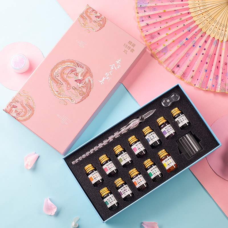 水晶玻璃笔蘸水笔礼盒金粉彩墨签字笔套装网红抖音学生朋友礼品笔