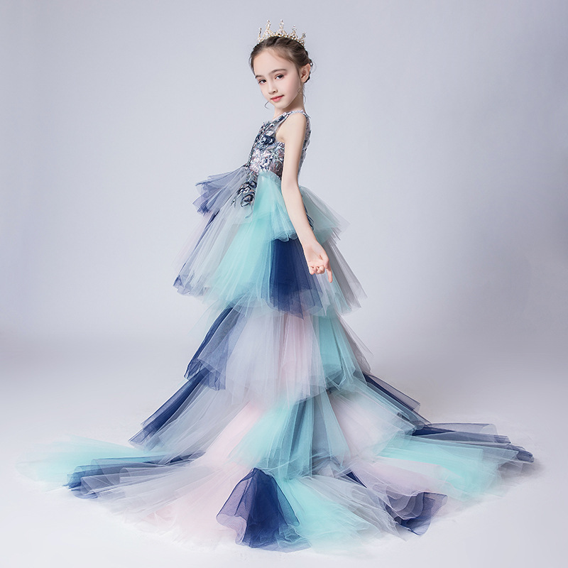 Children's dress Princess dress model catwalk girl evening dress little girl host trailing piano performance dress Spring