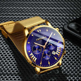 CRNAIRA新款跨境手表男爆款石英表仿三眼防水源头厂家土豪金手表