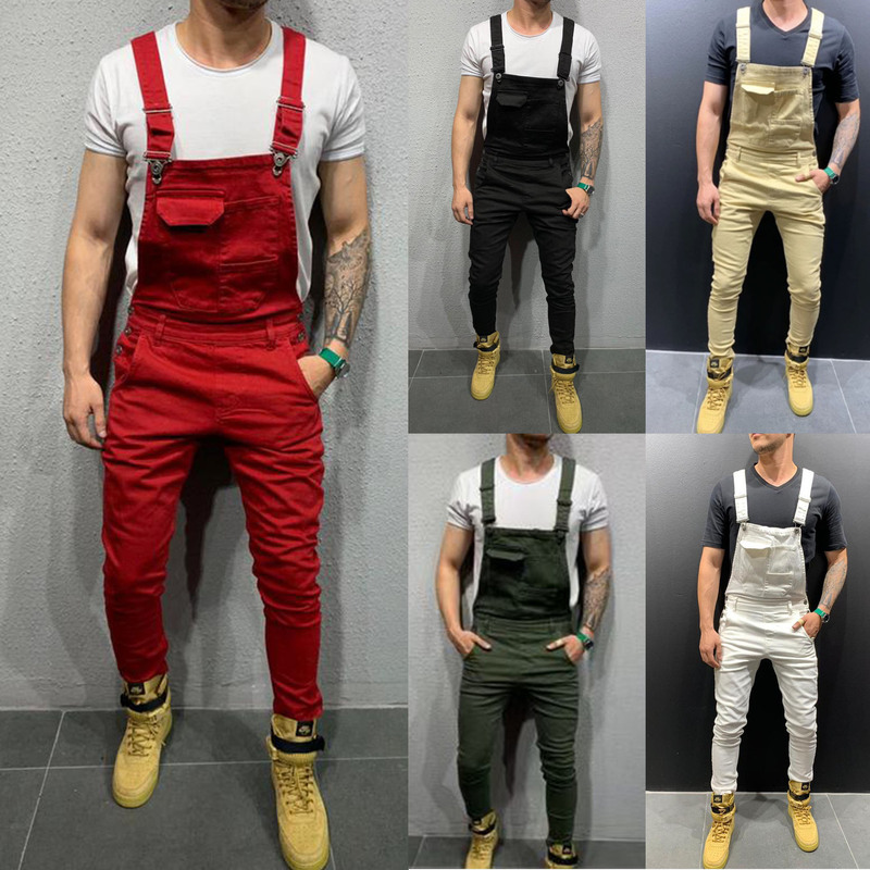 European and American Tie-Dye Denim Overalls Slim Fit Men's Long Pants Cross-Border European Station Solid Color Jeans for Men Youthful Style