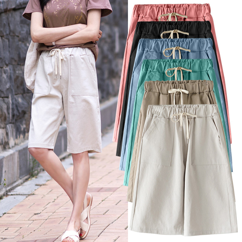 New Shorts for Women Summer Thin High-Waisted Wide-Leg 150kg Casual Mid-Pants Straight Large Size Elastic Waist Five-Quarter Pants for Women