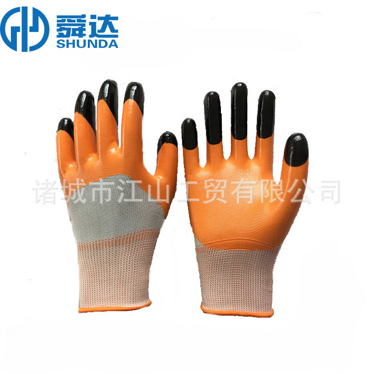 供应13针丁腈尼龙手套 舜达尼龙浸胶手套 双色白纱橙
