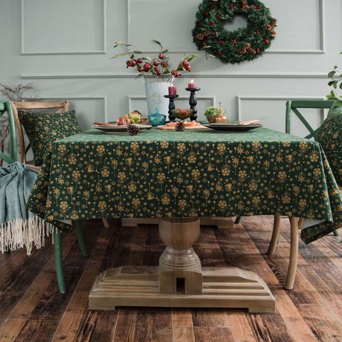 Yimanqiyun Christmas green bronzing tablecloth with wind chimes Japanese style printed cotton and linen holiday tablecloth cover rectangular