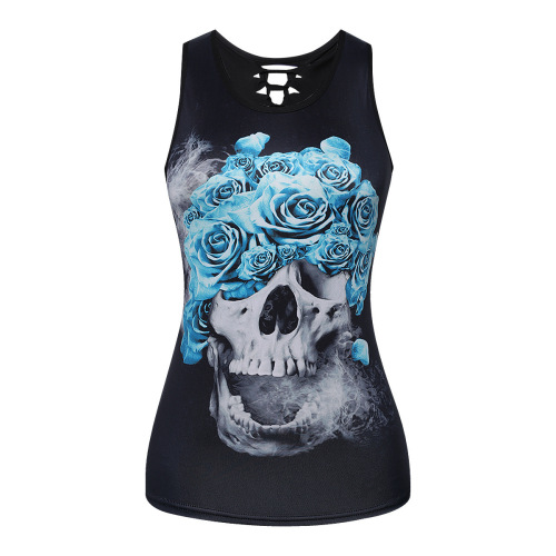 Cross-border e-commerce hot-selling digital print rose skull head women's slimming breathable basic shirt