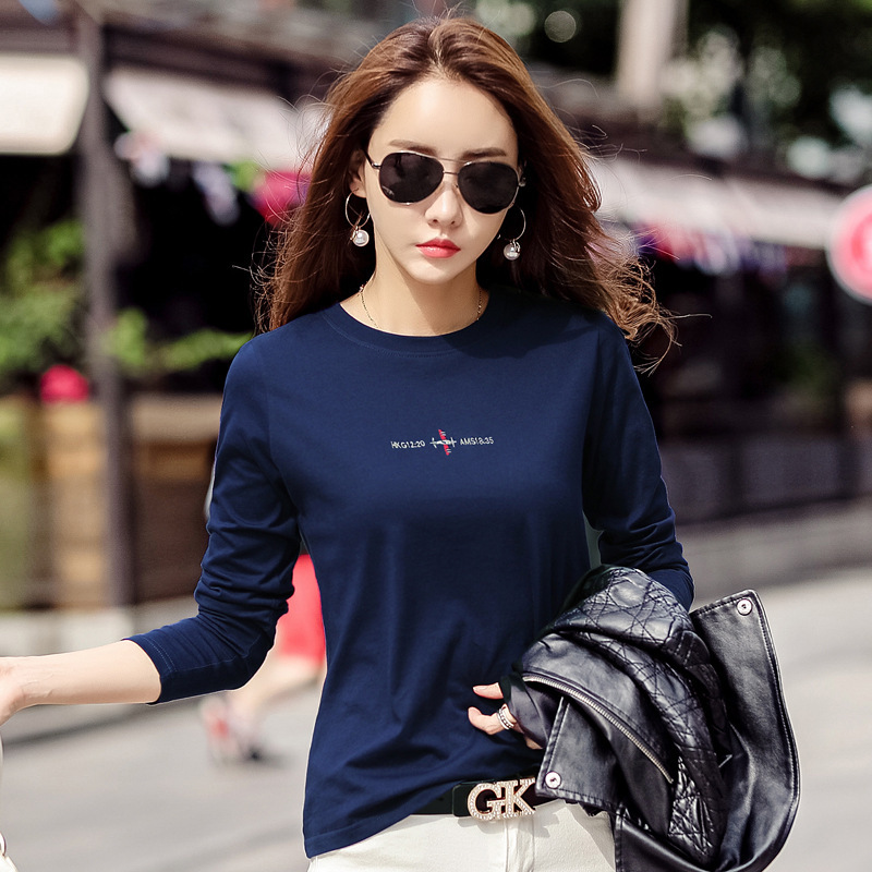 242 Round Neck Base Shirt for Women, Embroidered Long-Sleeve Cotton Spring and Autumn T-Shirt, Trendy Ins Casual Versatile Embroidery New Style