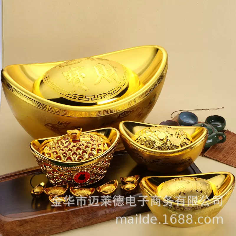 仿真金元宝摆件新年招财进宝客厅创意聚财糖果盒塑料元宝舞台道具