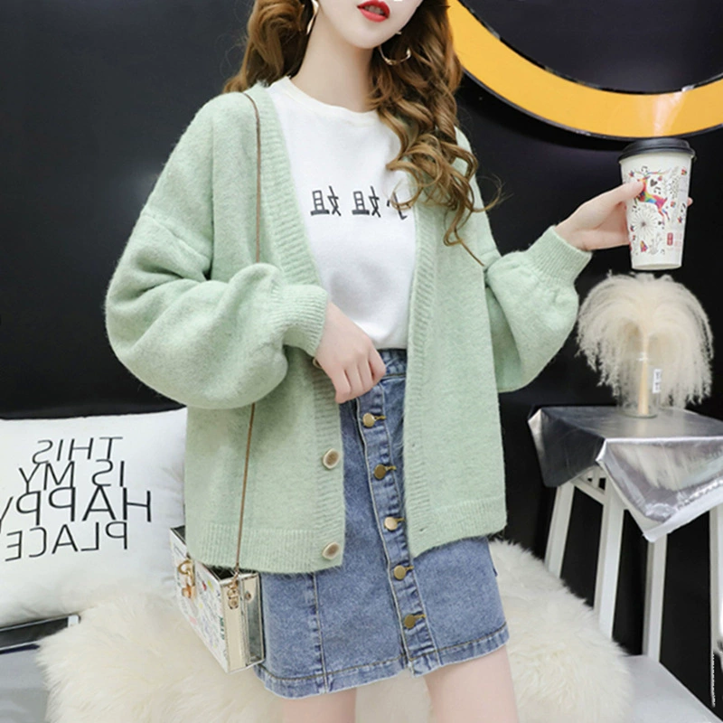 Кардиган-пальто, женский короткий вязаный свитер, свободный однобортный с V-образным вырезом, весна-осень, новый женский свитер в ленивом стиле