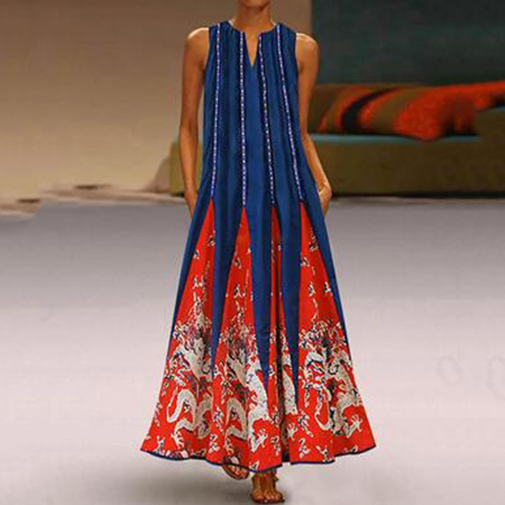 Vintage Floral Print Maxi Dress for Women V Neck Sleeveless Pocket Design Summer Casual Wear Wholesale Available