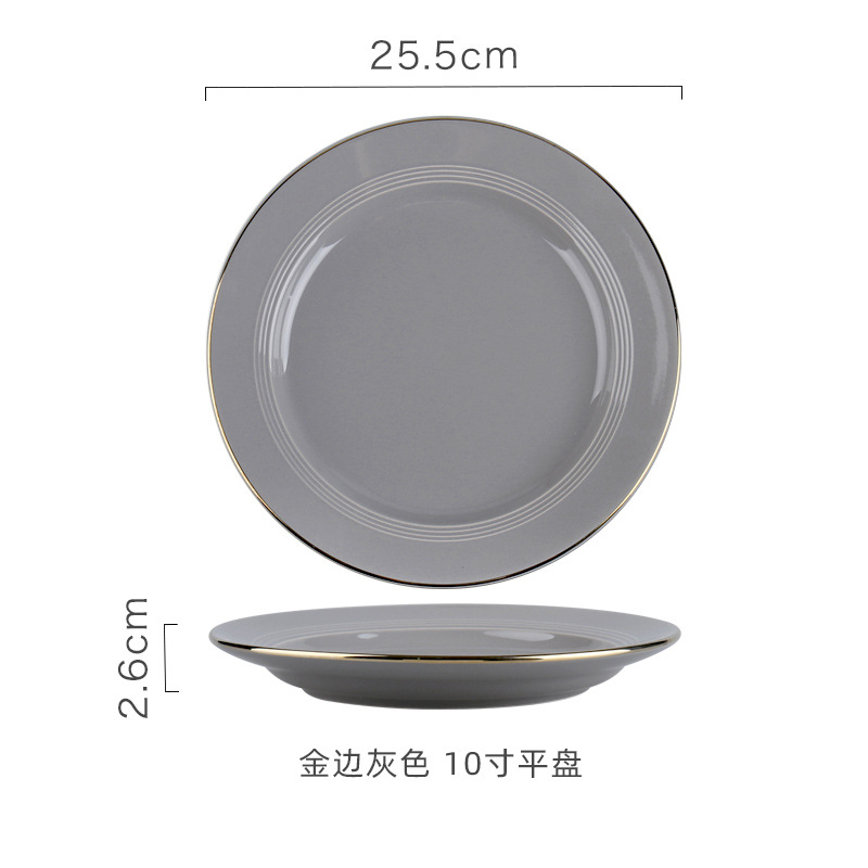 Hogar Nordic borde dorado de cerámica comer tazón grande plato de sopa de fideos plato de arroz negro y gris vajilla