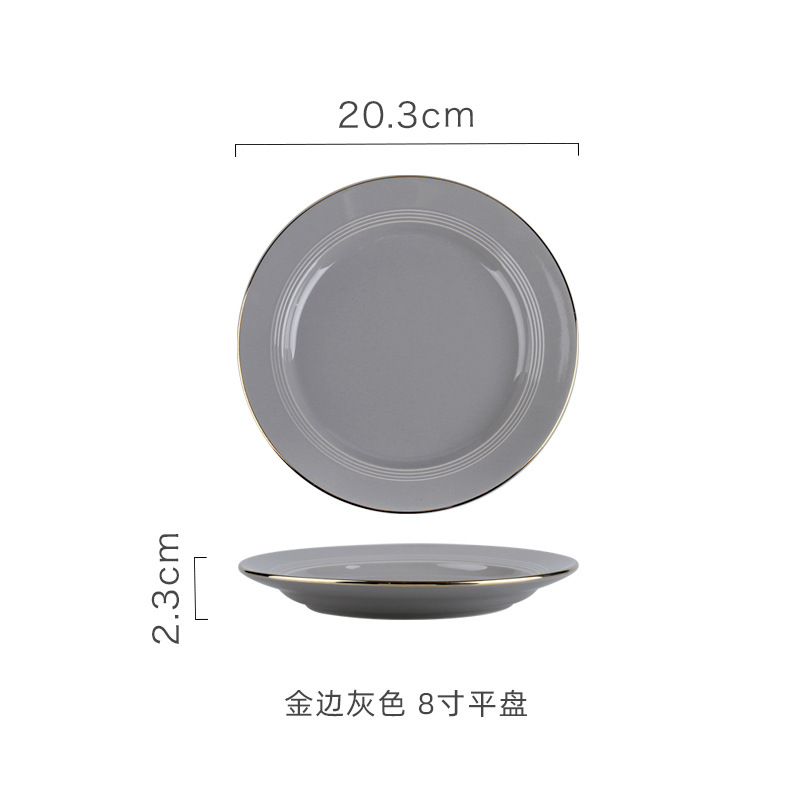Hogar Nordic borde dorado de cerámica comer tazón grande plato de sopa de fideos plato de arroz negro y gris vajilla
