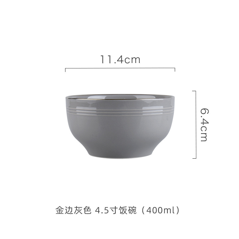 Hogar Nordic borde dorado de cerámica comer tazón grande plato de sopa de fideos plato de arroz negro y gris vajilla