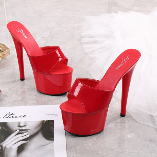 181-13 Patent Leather Pumps High Heels Stiletto Sexy Black Waterproof Platform Over-the-Heels High Slippers for Women Summer