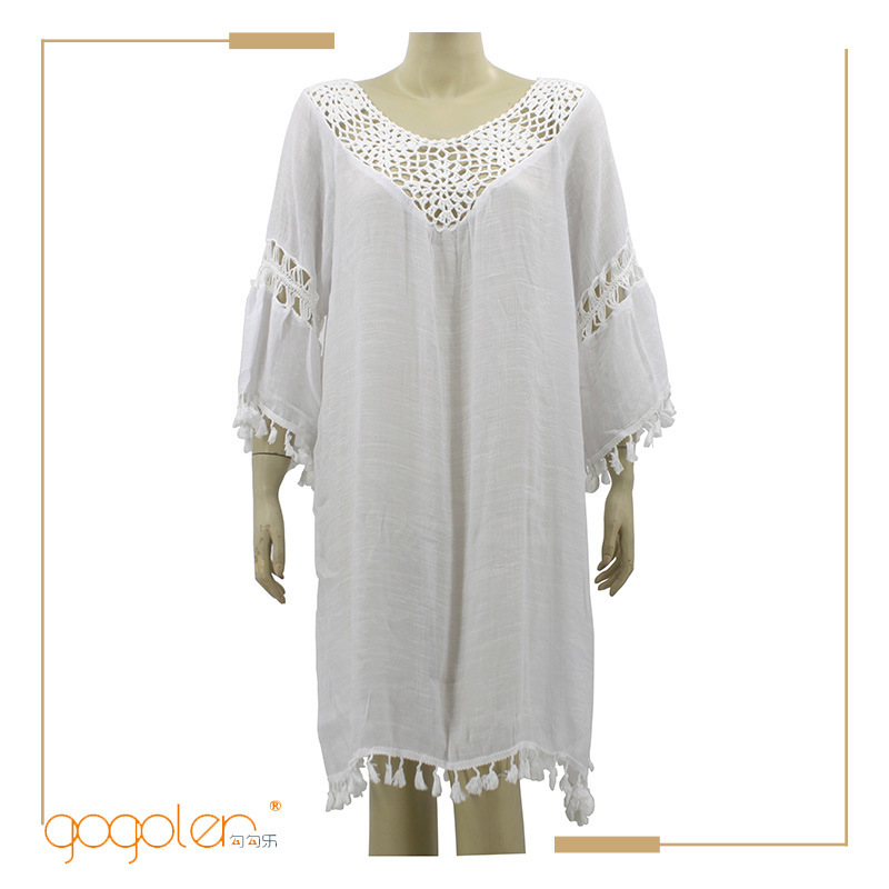 New Women's Casual Hand-Crocheted Pattern V Neck Cut Out Tassel Pullover Blouse Long Bikini Pullover Dress
