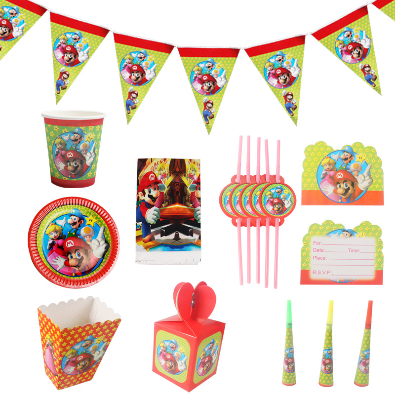 Mario Cartoon Children's Holiday Birthday Party Set Paper Cup Pull Flag Paper Plate Disposable Tableware Atmosphere Arrangement