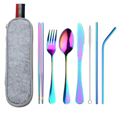 Amazon Cross-border 410 stainless steel knife fork spoon 304 straw chopsticks travel portable bag outdoor tableware set