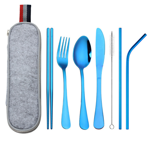 Amazon Cross-border 410 stainless steel knife fork spoon 304 straw chopsticks travel portable bag outdoor tableware set