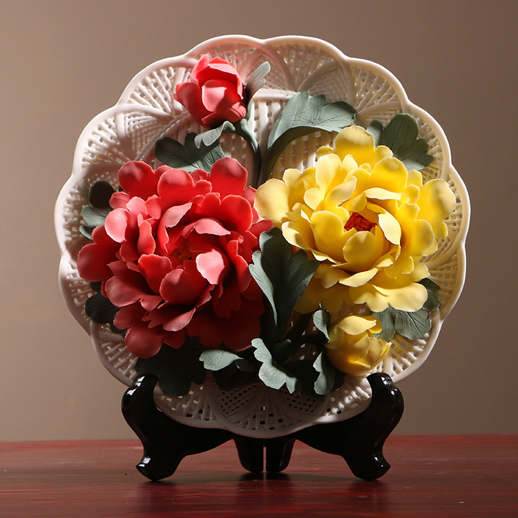 徳化手作り花卉掛け工芸品洛陽牡丹花陶磁器花盤創意客間装飾置物
