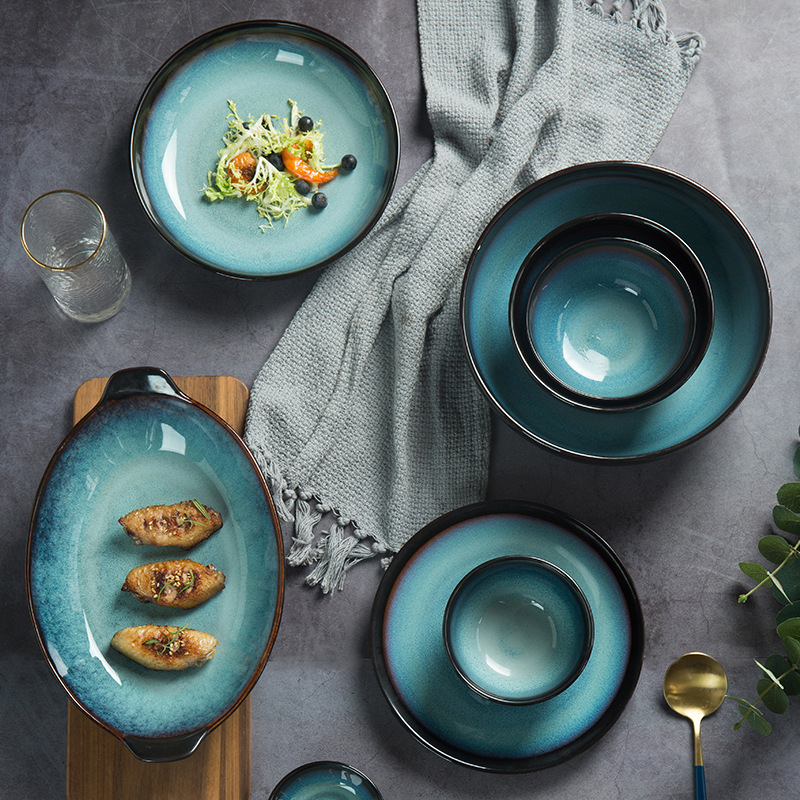 Vajilla azul tazón de arroz tazón de fideos gran plato de sopa plato de carne