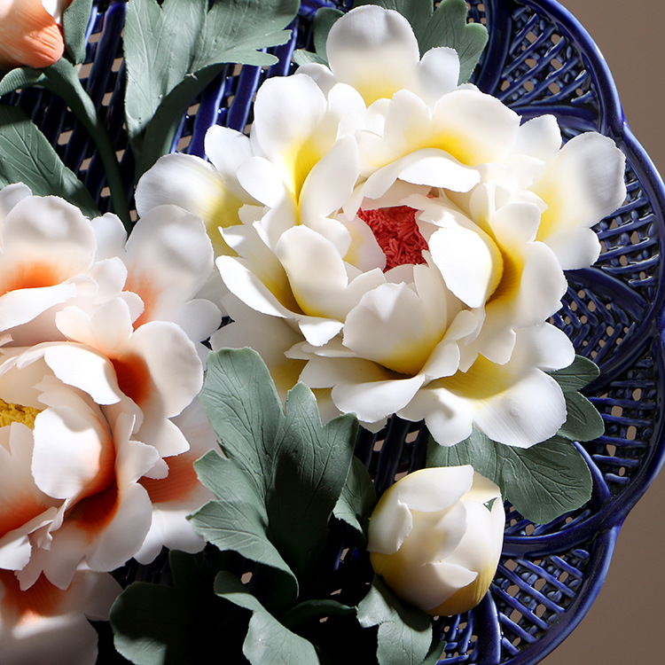 徳化手作り花卉掛け工芸品洛陽牡丹花陶磁器花盤創意客間装飾置物
