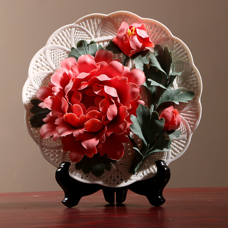 徳化手作り花卉掛け工芸品洛陽牡丹花陶磁器花盤創意客間装飾置物