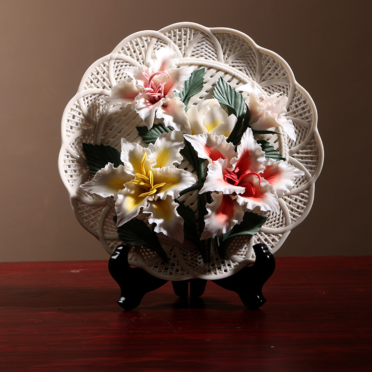 徳化手作り花卉掛け工芸品洛陽牡丹花陶磁器花盤創意客間装飾置物