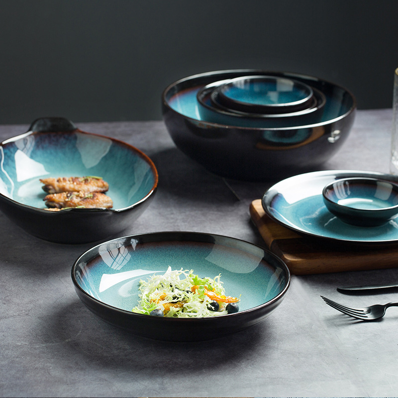 Vajilla azul tazón de arroz tazón de fideos gran plato de sopa plato de carne