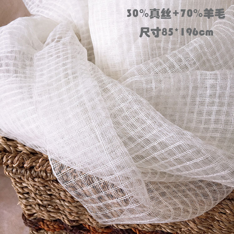 Silk Wool Plaid Scarf Large Women Thin Silk Scarf Plant Dyeing Blue Dye Batik Grass Dye White Embryo Cloth