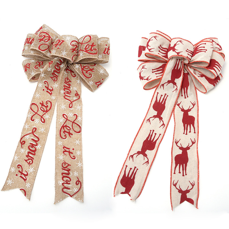 Nuevo lazo grande de lino hecho a mano para decoración de árbol de Navidad, lazo con estampado de reno y cuadros, venta al por mayor image 2
