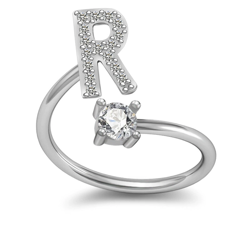 Adjustable Silver-Plated Copper Ring with Letter Initial and Clear Gemstone, Birthday Gift