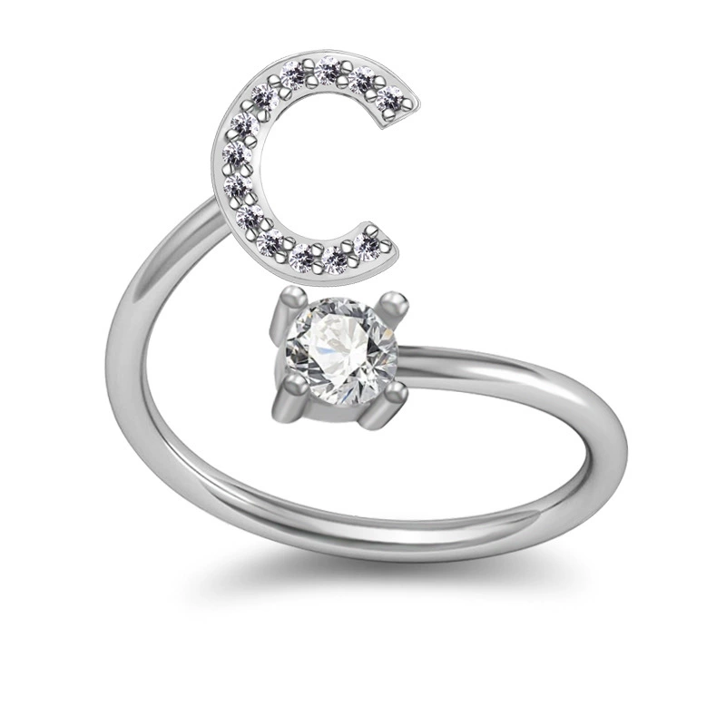 Adjustable Silver-Plated Copper Ring with Letter Initial and Clear Gemstone, Birthday Gift