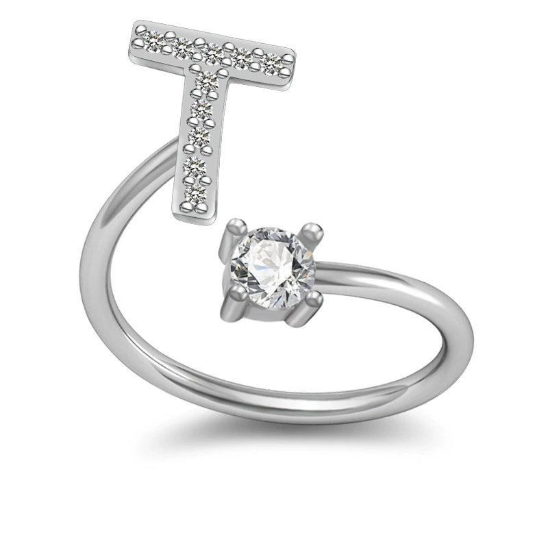 Adjustable Silver-Plated Copper Ring with Letter Initial and Clear Gemstone, Birthday Gift