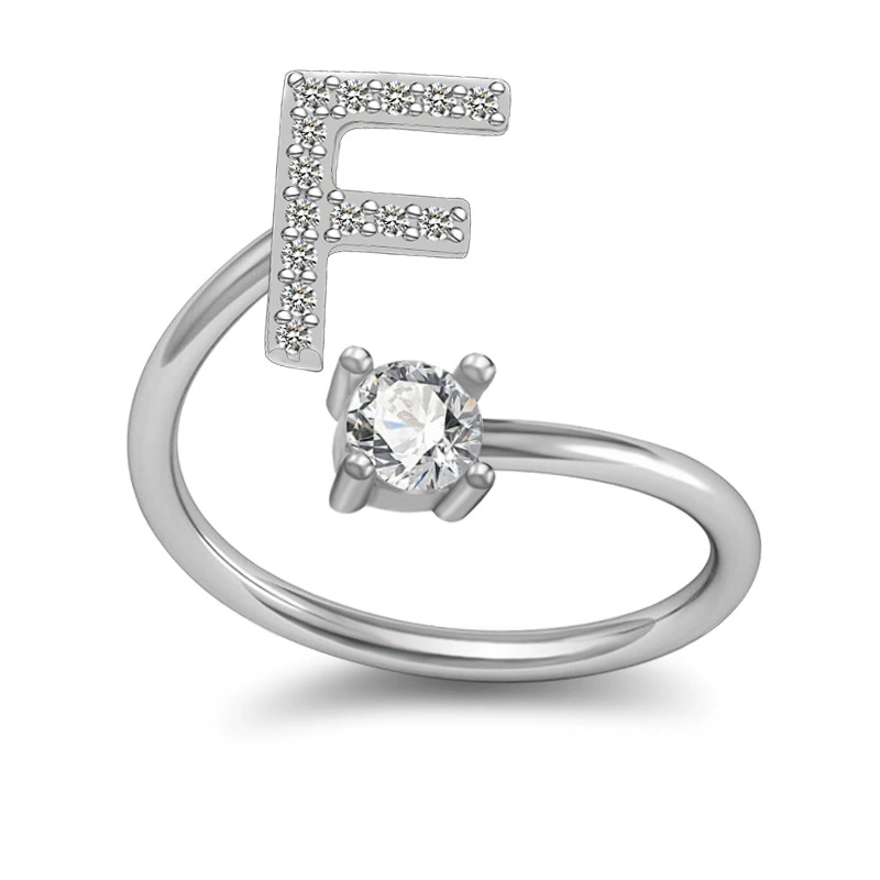 Adjustable Silver-Plated Copper Ring with Letter Initial and Clear Gemstone, Birthday Gift