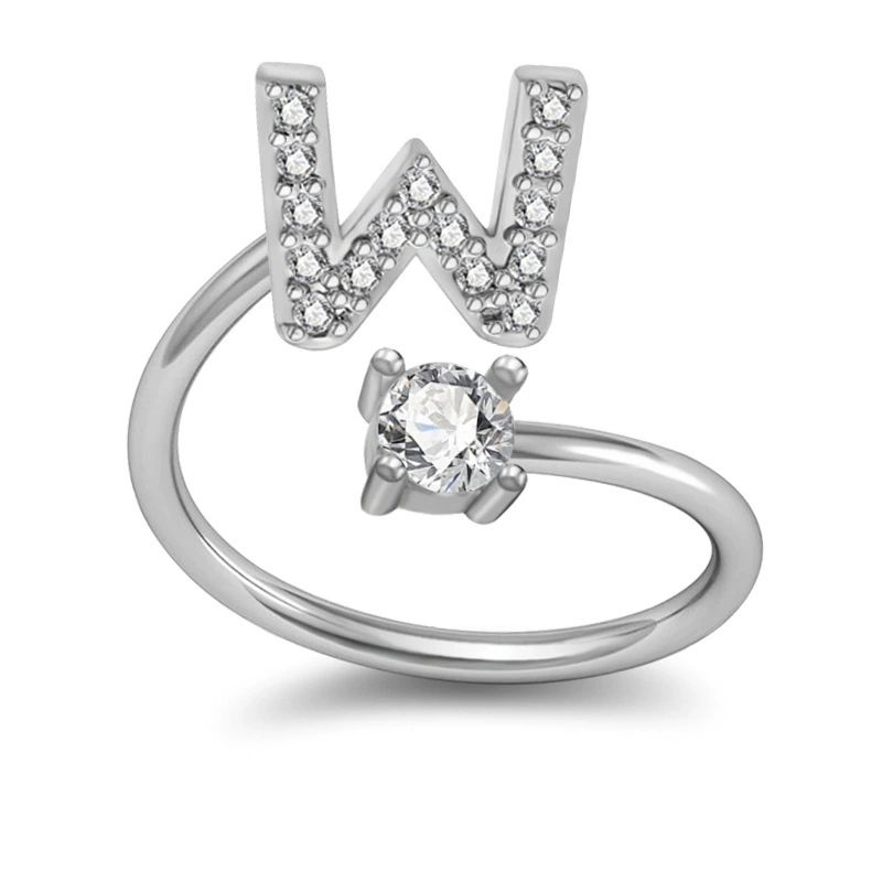 Adjustable Silver-Plated Copper Ring with Letter Initial and Clear Gemstone, Birthday Gift