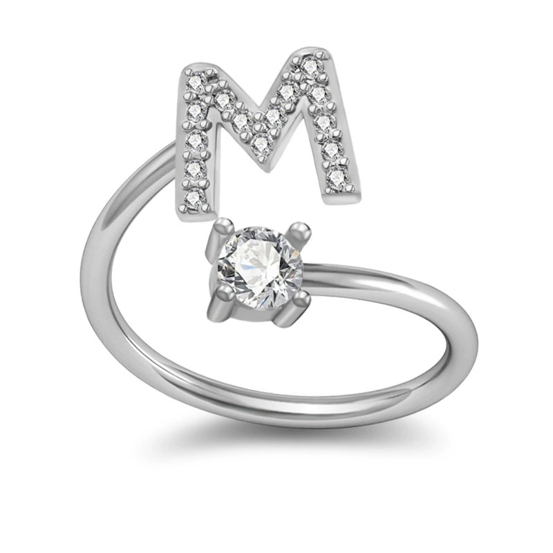 Adjustable Silver-Plated Copper Ring with Letter Initial and Clear Gemstone, Birthday Gift