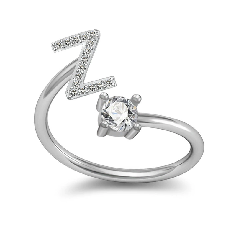 Adjustable Silver-Plated Copper Ring with Letter Initial and Clear Gemstone, Birthday Gift