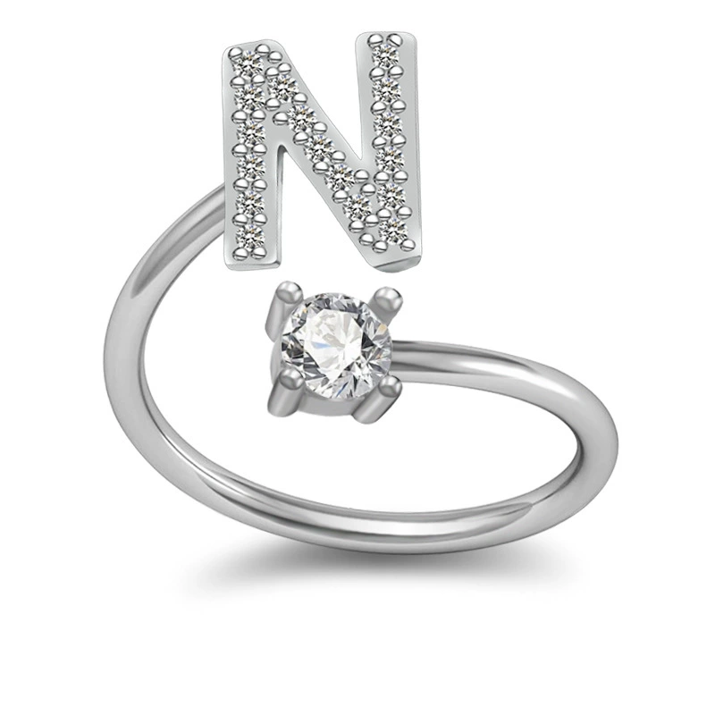 Adjustable Silver-Plated Copper Ring with Letter Initial and Clear Gemstone, Birthday Gift