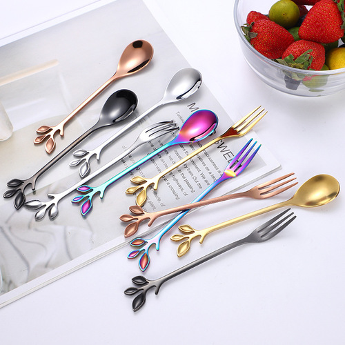 Creative leaf spoon, stainless steel coffee spoon, Nordic simple mixing spoon, golden stainless steel spoon, European style small spoon and fork