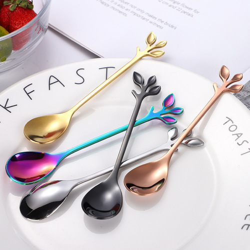 Creative leaf spoon, stainless steel coffee spoon, Nordic simple mixing spoon, golden stainless steel spoon, European style small spoon and fork