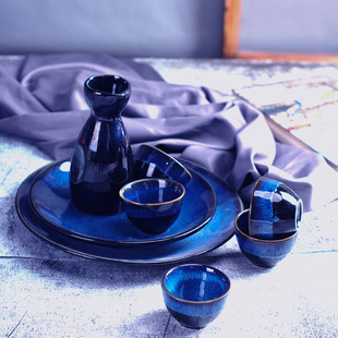 Japanese-style ceramic kiln blue wine set Japanese wine glass wine pot set yellow rice wine shochu white wine glass clear wine pot Cup