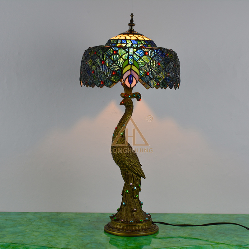 Tiffany Lamp with Peacock Base for Bedside Table, Night Light, Atmosphere Glass Desk Lamp