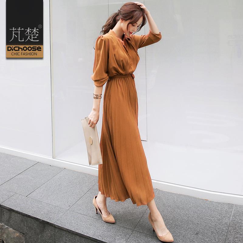 Chiffon Long-sleeved Pleated dress 2024 Spring and Autumn New Slim-fit Tight Waist Slimming Han Fan Socialite Elegant Pleated Skirt