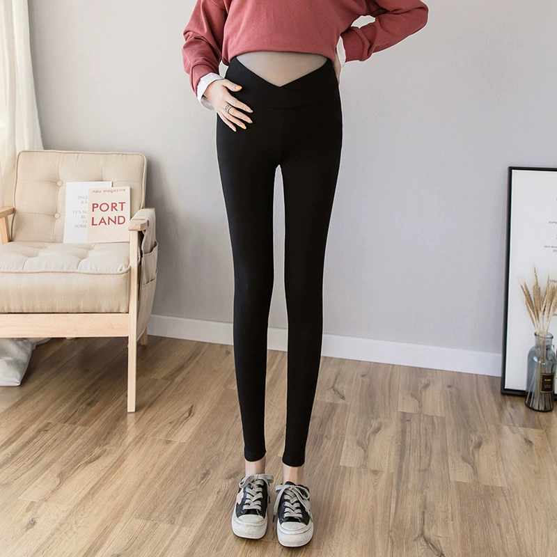 Maternity thermal leggings, high V‑waist support, stretchy pregnant trousers, sizes M–XXL (black/gray)