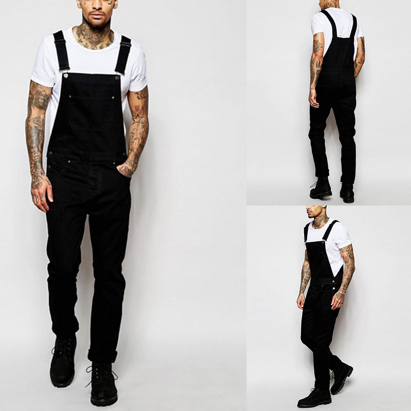 Wish Fashion Men's Suspender Denim Rompers Torn Jeans Pants