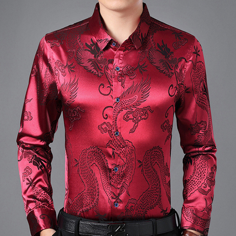 Autumn and Winter Middle-Aged Men's Silk Shirts Chinese Style Glossy Dragon Pattern Shirts Personalized Men's Tops Direct Sales Autumn and Winter Middle-Aged Men's Silk Shirts Chinese Style Glossy Dragon Pattern Shirts Personalized Men's Tops Direct Sales