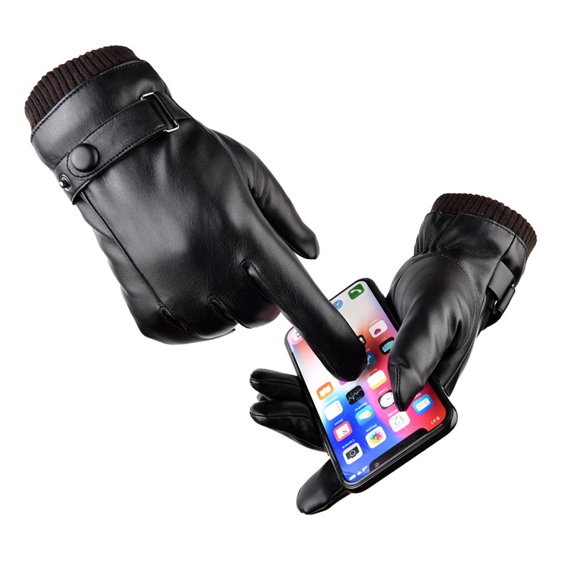 Men's Winter Gloves PU Leather Touchscreen Warm Black Couple Gloves With Fleece Lining Windproof Water-Resistant_voghion.com