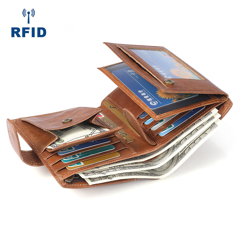 Cross-border Hot Sale Men's Wallet rfid Multi Card Casual Vintage Genuine Leather Wallet Large Capacity Buckle Clutch Bag for Men